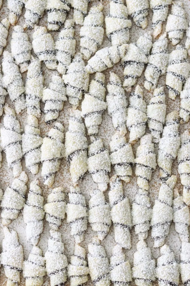 Poppy Seed Rugelach dusted with powdered sugar