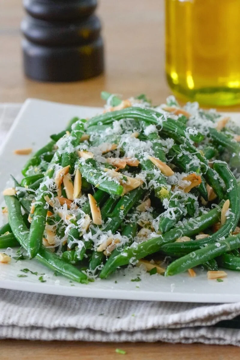 Festive Almond Green Beans (with garlic, lemon zest and Parmesan cheese)