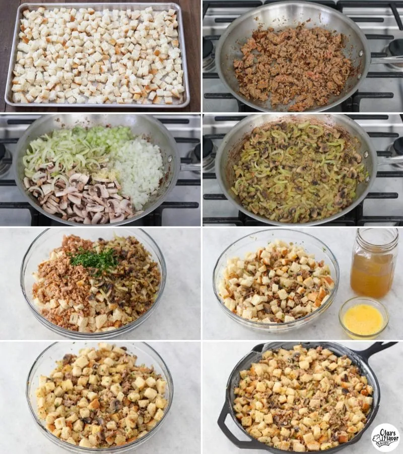 step by step tutorial of how to make Mushroom Sausage Sourdough Stuffing