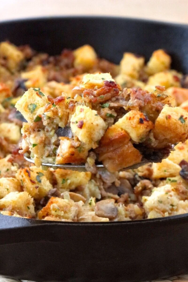 Mushroom Sausage Stuffing made with sourdough bread