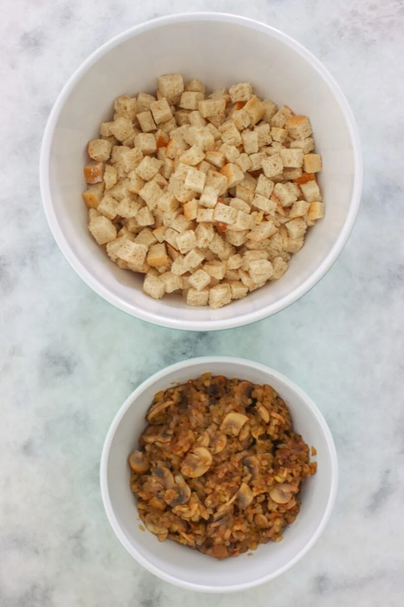 Mushroom Sausage Stuffing prep ahead (bread in bowl and stuffing ingredients in another bowl)