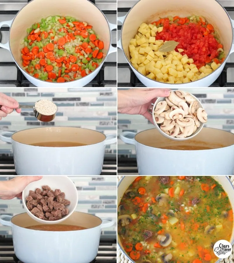 Step by step tutorial of how to make beef, barley and mushroom stew