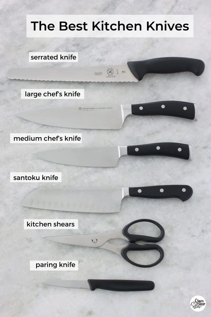 Best kitchen knives for home cooks, serrated knife, large and medium chef's knives, santoku knife, paring knife and kitchen shears on a counter. 