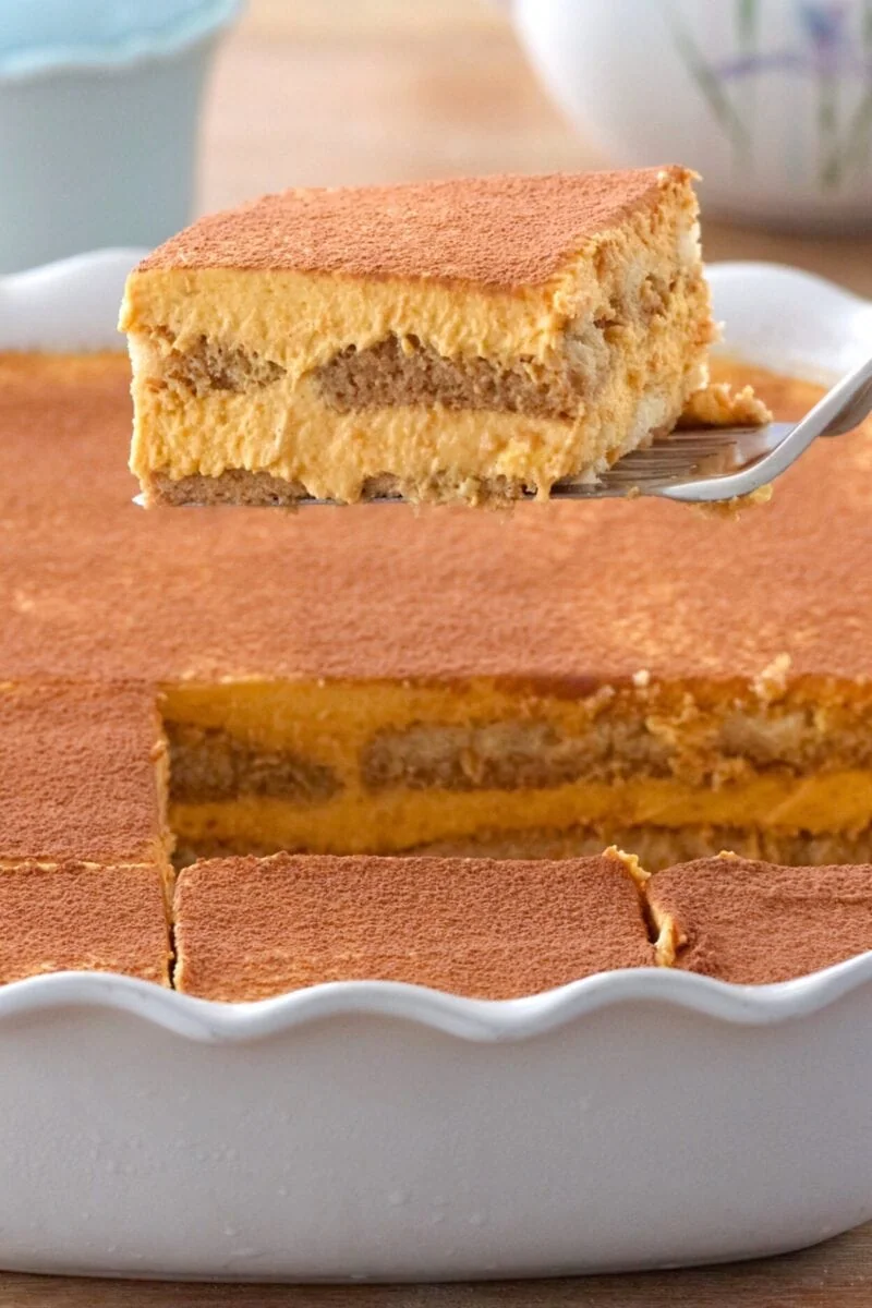 Pumpkin Tiramisu (slice held up above pan)