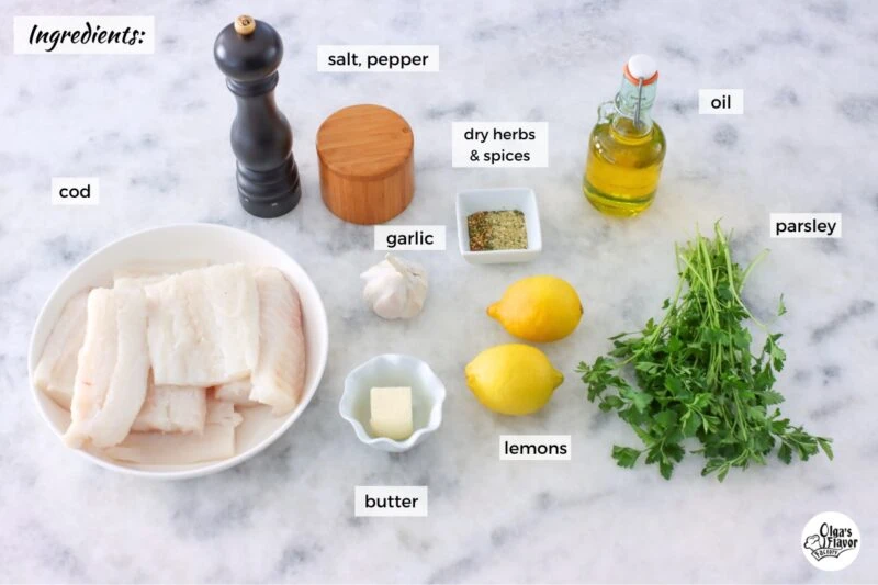 Ingredients for Lemon Garlic Baked Cod. 